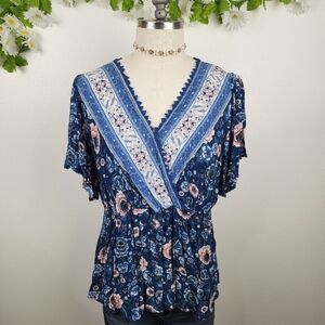 Bloomchic Floral Blue Women's Top Peplum Floqy Sleeves Sz 18